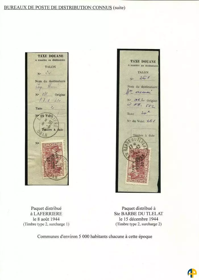 الطابع الضريبي PVC Douane الجزائر 1944-45