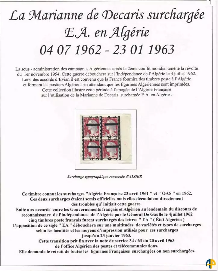 La Marianne de Decaris surchargée EA en Algérie du 04/07/1962 au 23/01/1963