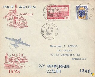 Aérophilatélie - Pli commémorative 20ème Anniversaire du premier vol Marseille - Alger