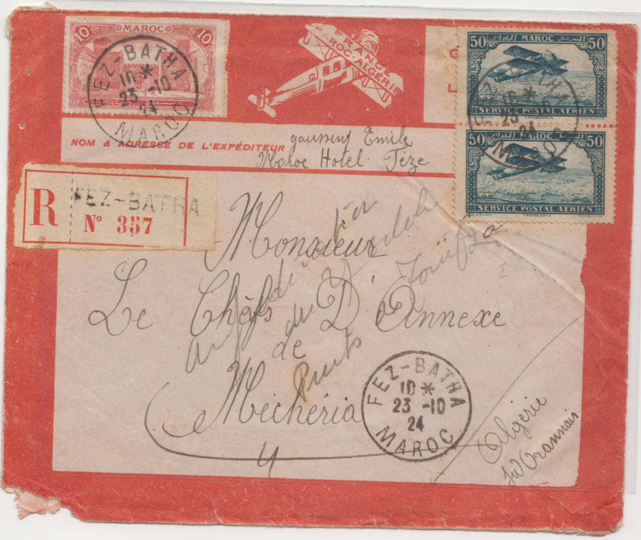 Algérie Latécoère recommandé Fez Mellah Maroc à Mécheria à Oran Algérie 23/10/1924 liaison aérienne aérophilatélie avion