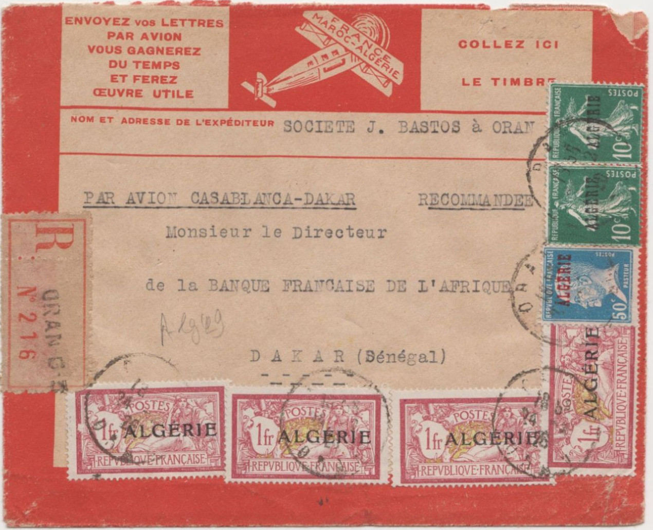 France LR Oran Algérie à Dakar Sénégal Via Casablanca Maroc Latécoère Première Liaison Aérienne Avion BASTOS - Premiers Vols