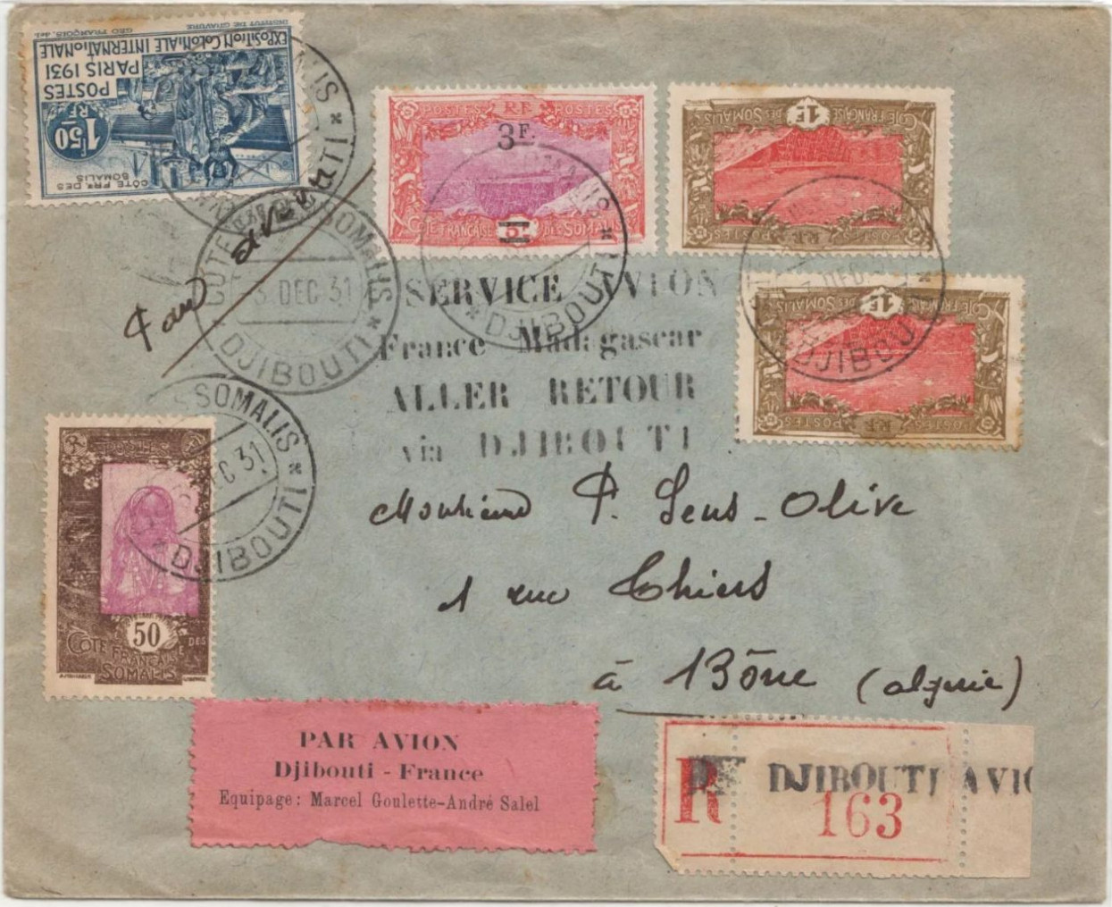 Aérophilatélie aviation Service Avion France Madagascar via Djibouti Algeria Goulette Salel 3/12/31 étiquettes