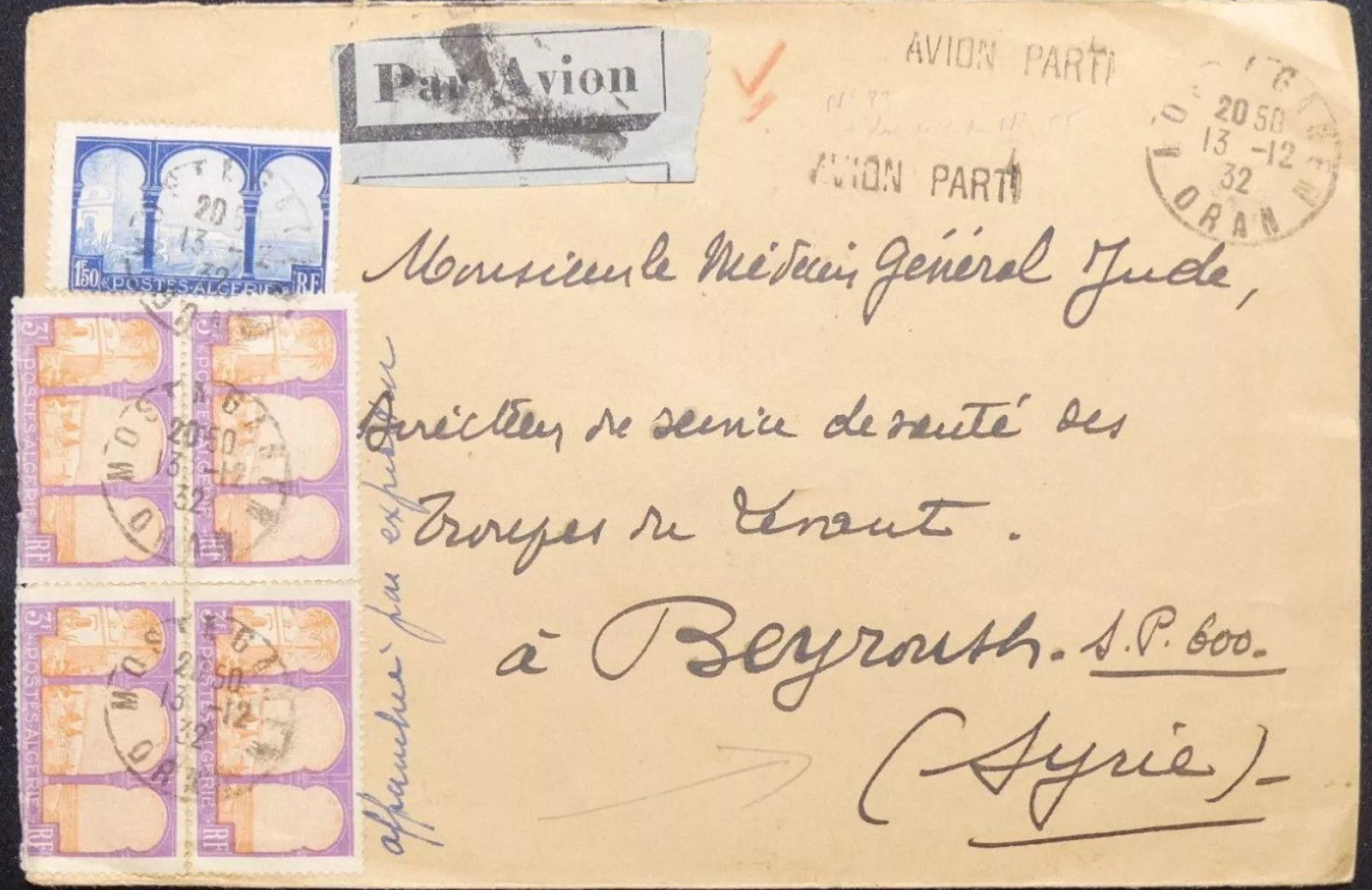 Mostaganem Algérie France Beyrouth Liban griffe AVION PARTI liaison aérienne aérophilatélie avion aviation