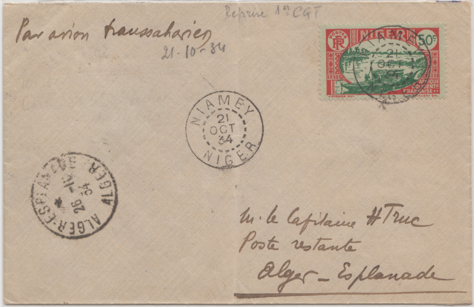 Algérie par avion transaharien 1er voyage Niamey Niger alger liaison aérienne aérophilatélie avion 24/10/34 taxée Truc