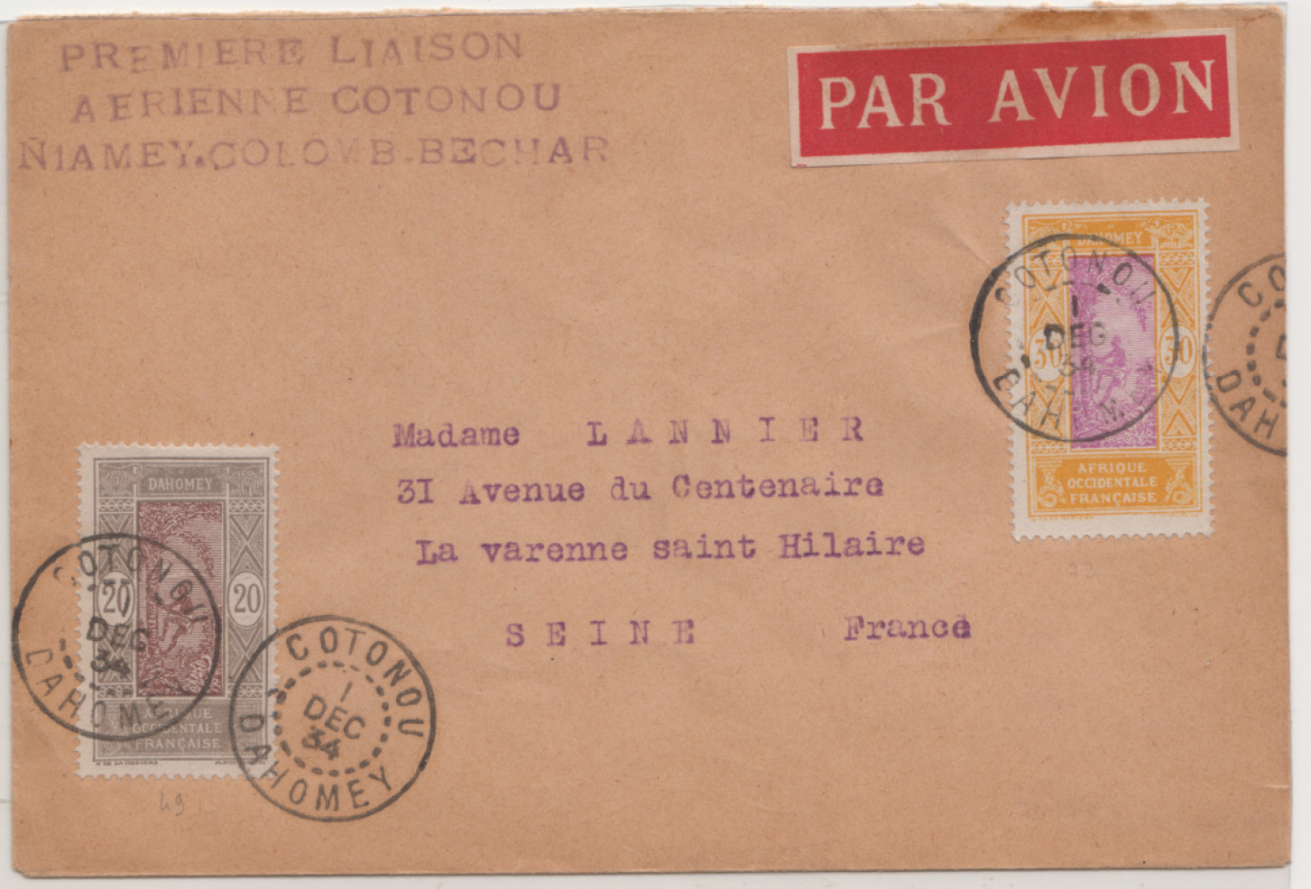 aérophilatélie par avion aviation première liaison aérienne Cotonou Niamey Colomb-Béchar Algérie France Bénin Niger