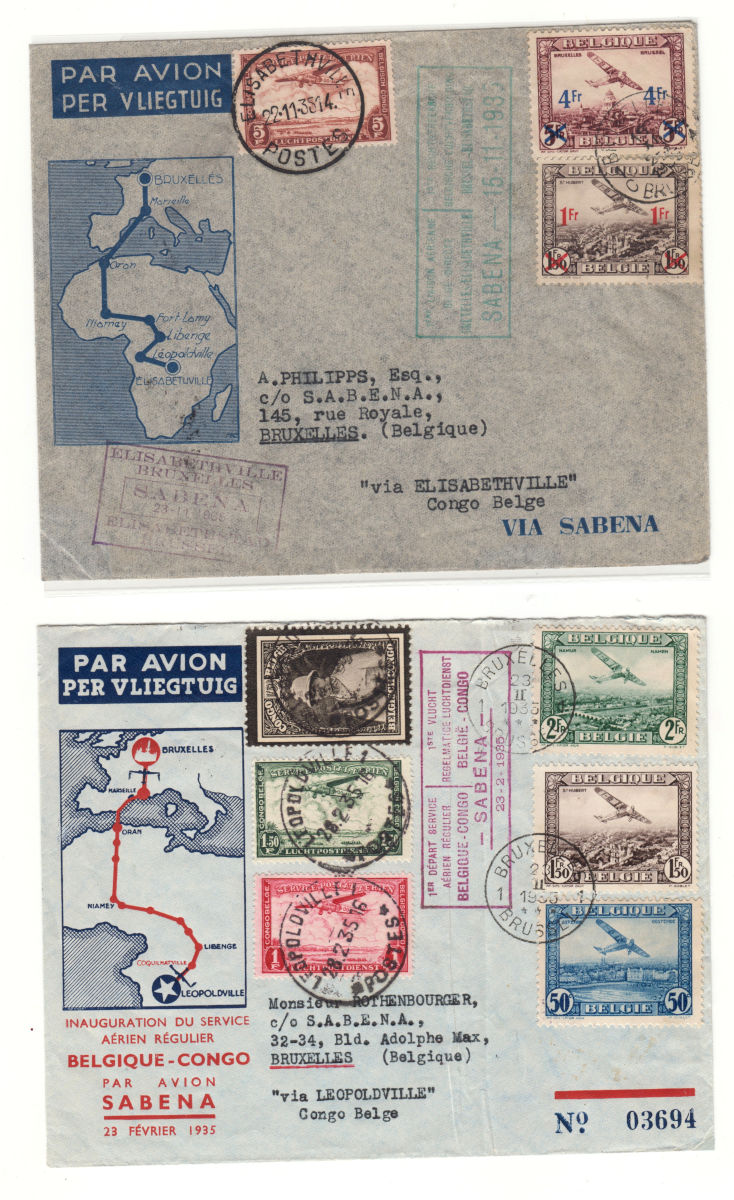 1935 2 courriers Premier vol Belgique Congo Bruxelles Léopoldville et Élisabethville